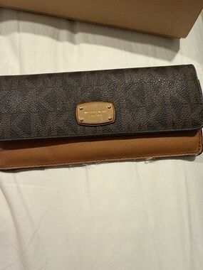 Michael Kors Brown & Tan Logo Continental Wallet with Gold Plaque